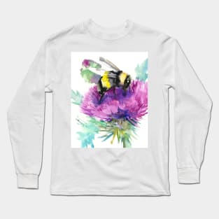 Bumblebee and Thistle Flower, herbal art, bee, honey herbs vegan art Long Sleeve T-Shirt